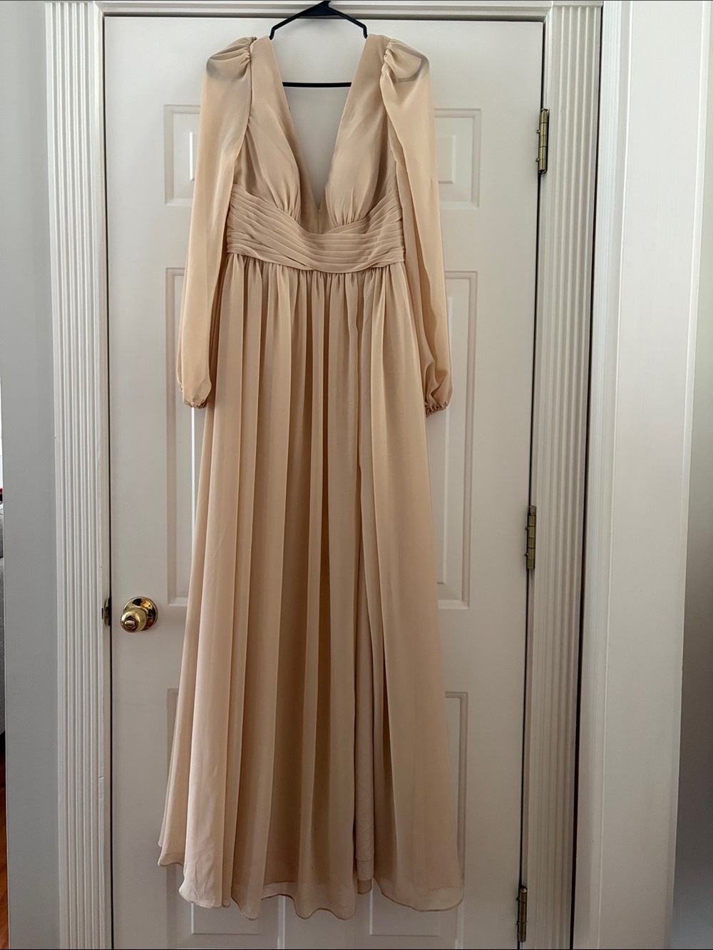 Azazie Cream Long Sleeve V-Neck Maxi Gown